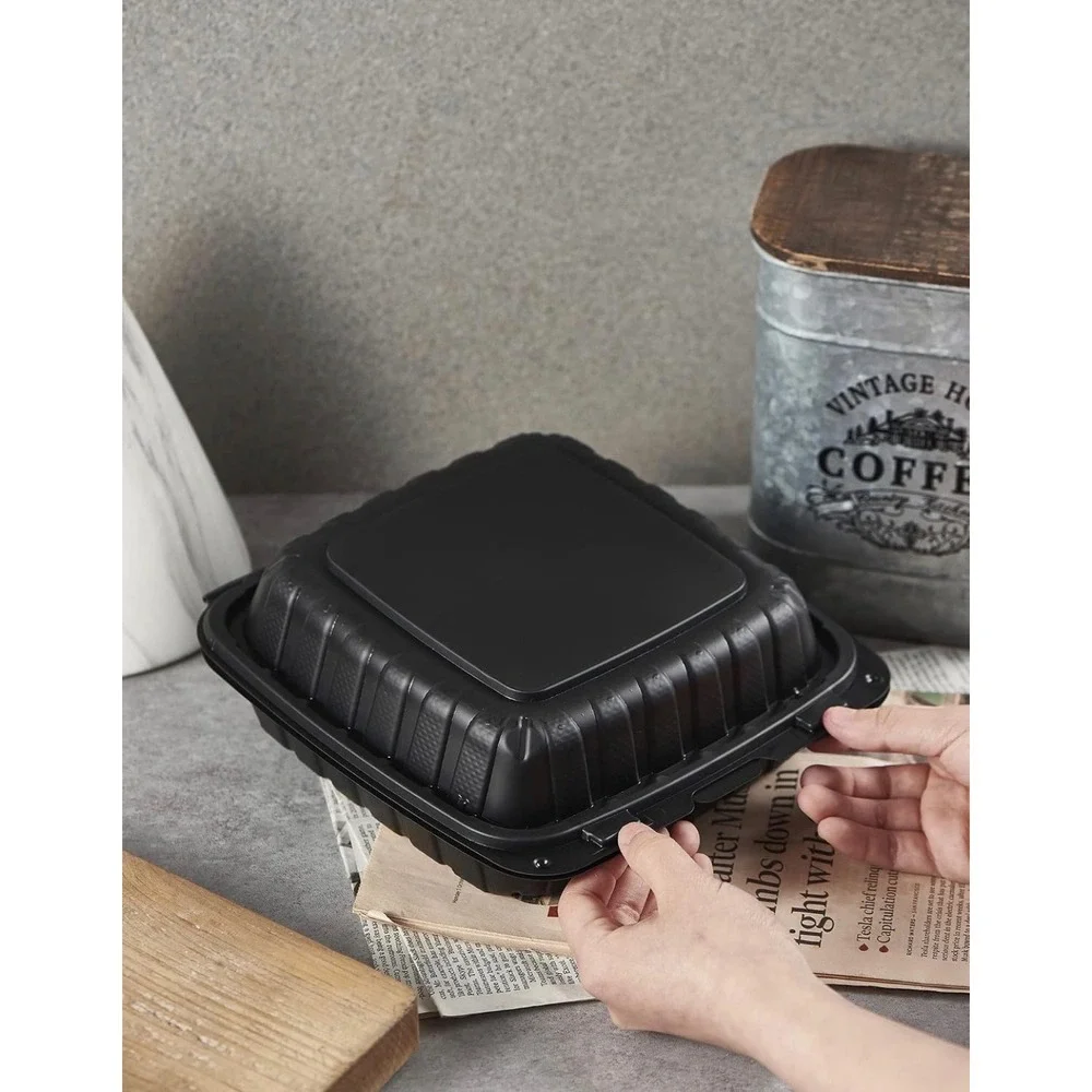 8x8 3-Compartment Plastic Clamshell Takeout Food Trays 50-Pack Black Togo Box